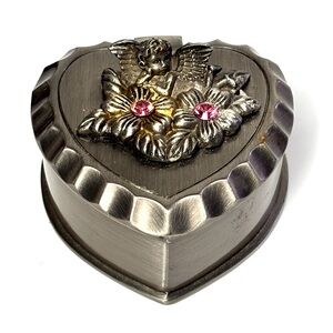 Pewter Angel & flowers pink rhinestones Heart Shaped jewelry Box